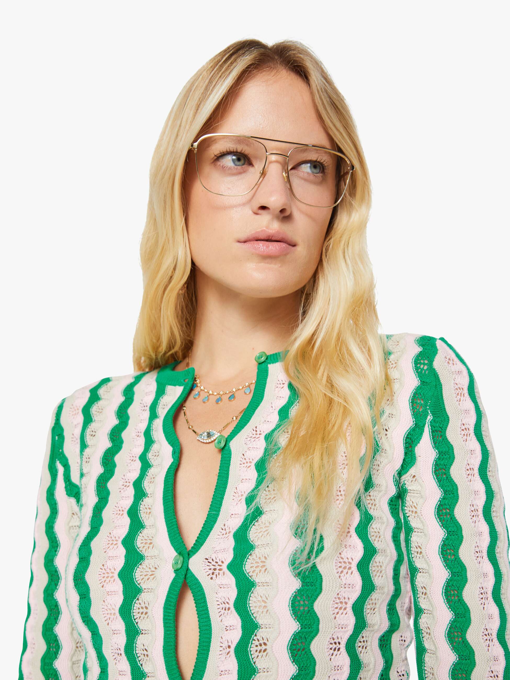 Mother Denim THE CREW NECK CARDIGAN POI GREEN PINK COMBO