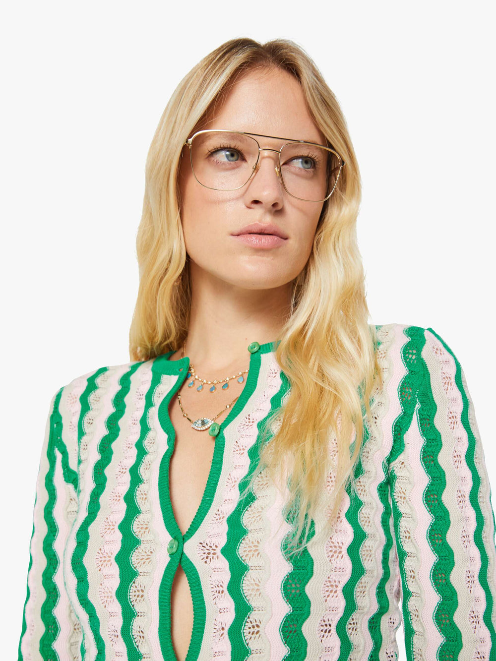 Mother Denim THE CREW NECK CARDIGAN POI GREEN PINK COMBO