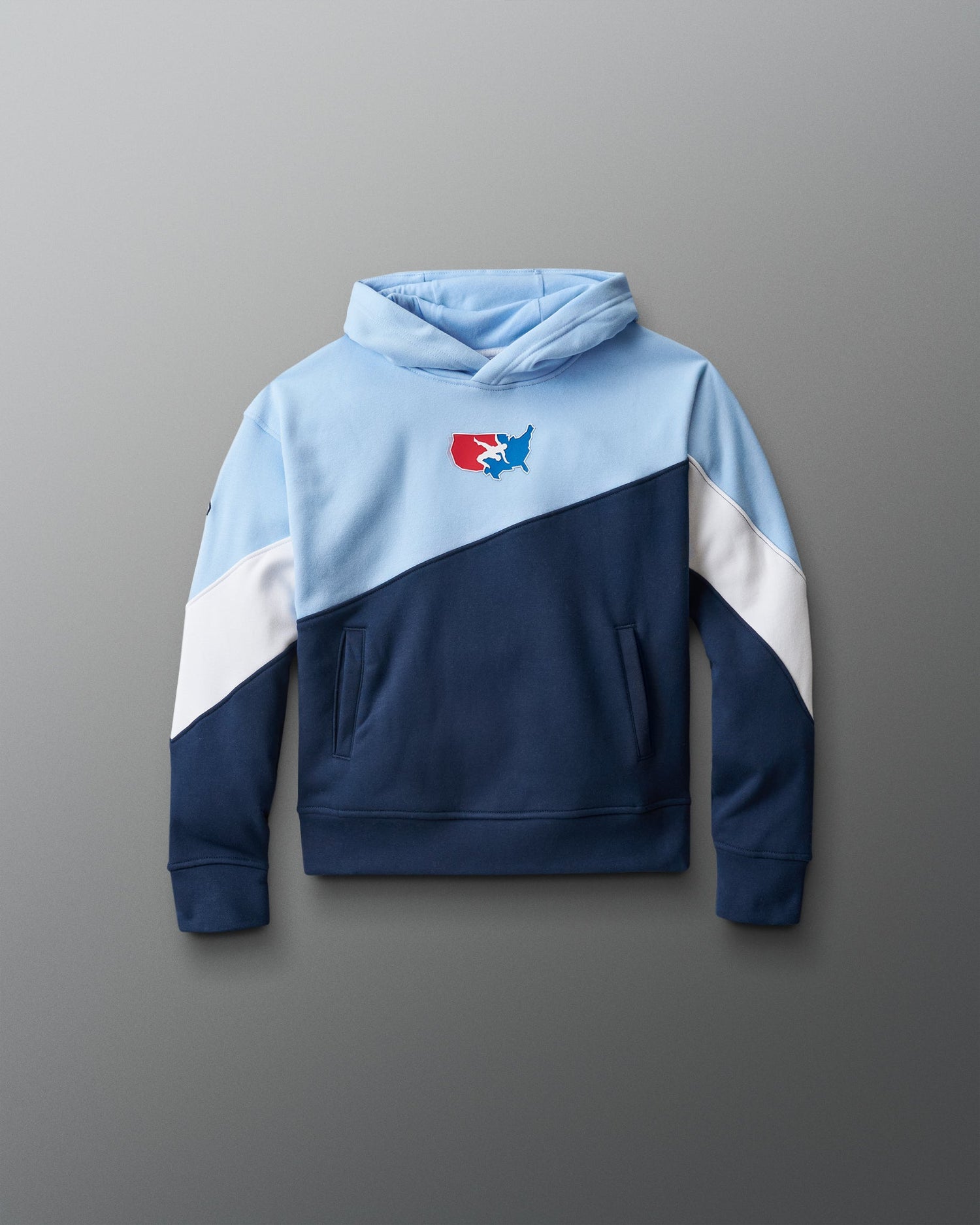 RUDIS USA Wrestling Fleece Colorblock Youth Hoodie - Navy/Light Blue/White